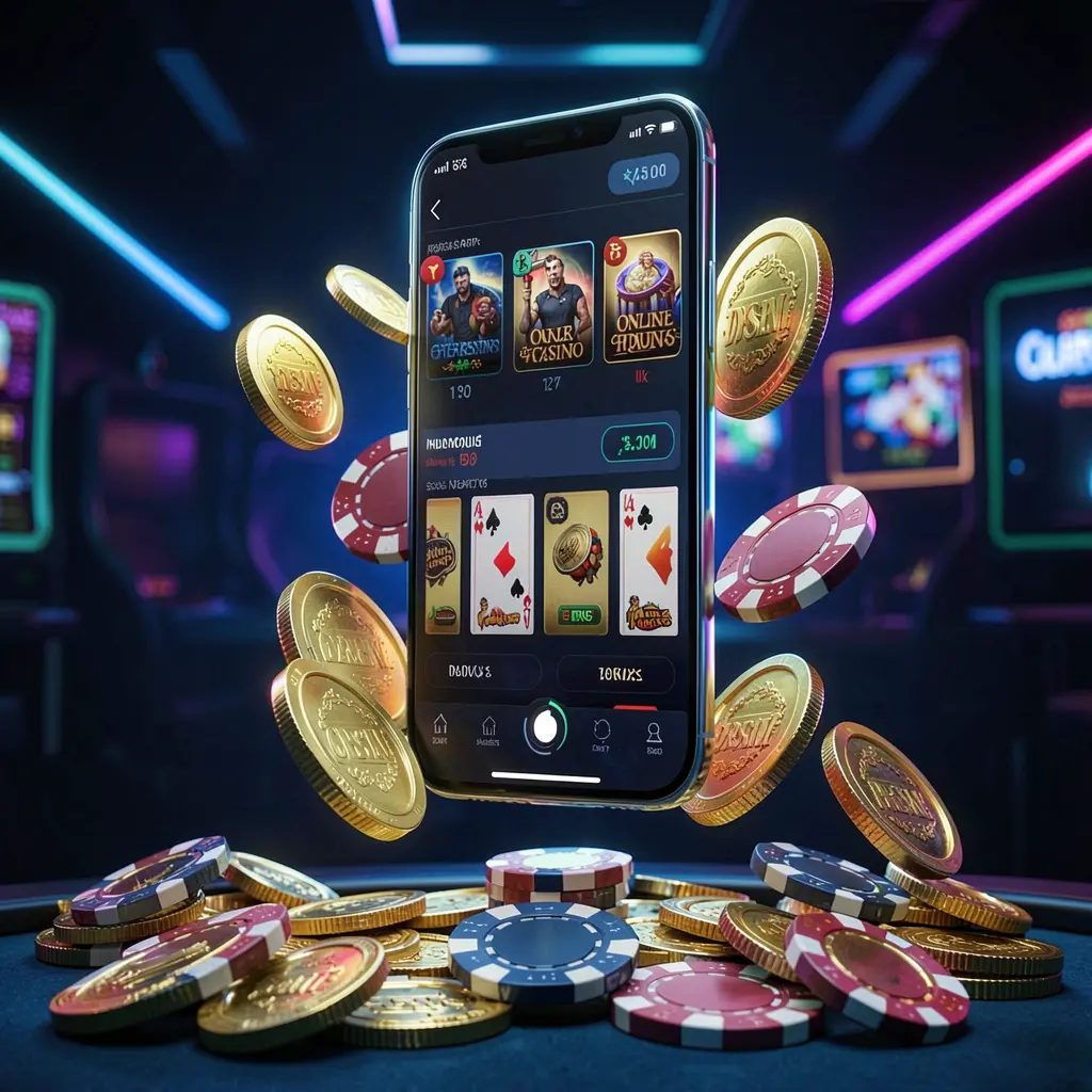 Pi787 online casino app promotion banner showing a phone floating above golden coins and poker chips with a dark blue and black background and cinematic neon glow in a realistic 3D render