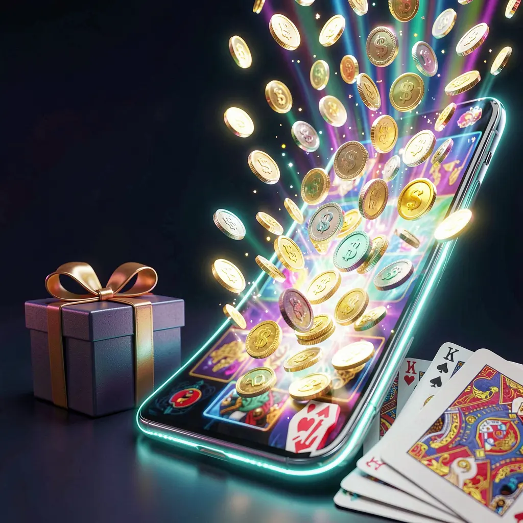 Pi787 mobile casino bonus banner showing a smartphone with coins bursting from the screen, a gift box and playing cards nearby, all illuminated by a bright neon glow in a premium realistic 3D render