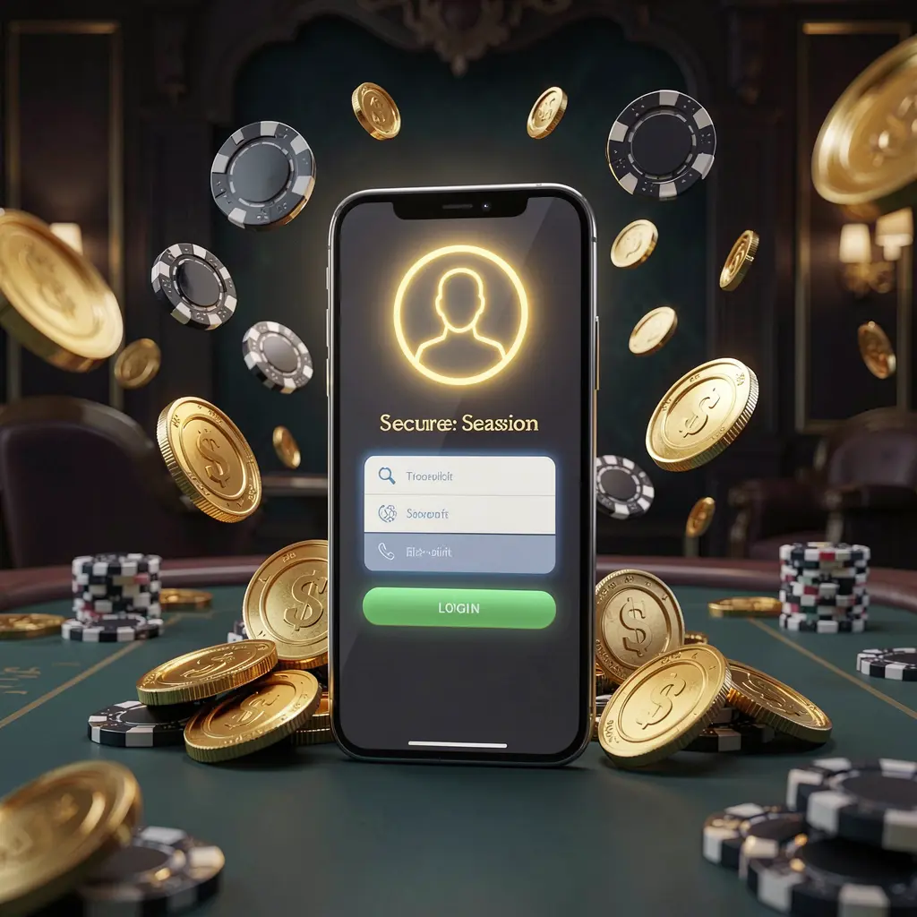 Pi787 online casino login page hero banner featuring a modern smartphone with a secure login screen, glowing user profile icon, surrounded by golden coins and poker chips on a dark luxury background