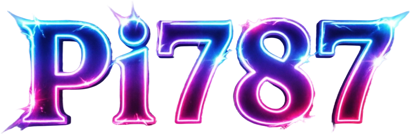 Pi787 colorful gaming logo featuring extra bold block letters with electric blue, purple, and pink neon gradients and dynamic glowing effects on a transparent background, designed as a wide horizontal rectangular wordmark for website header