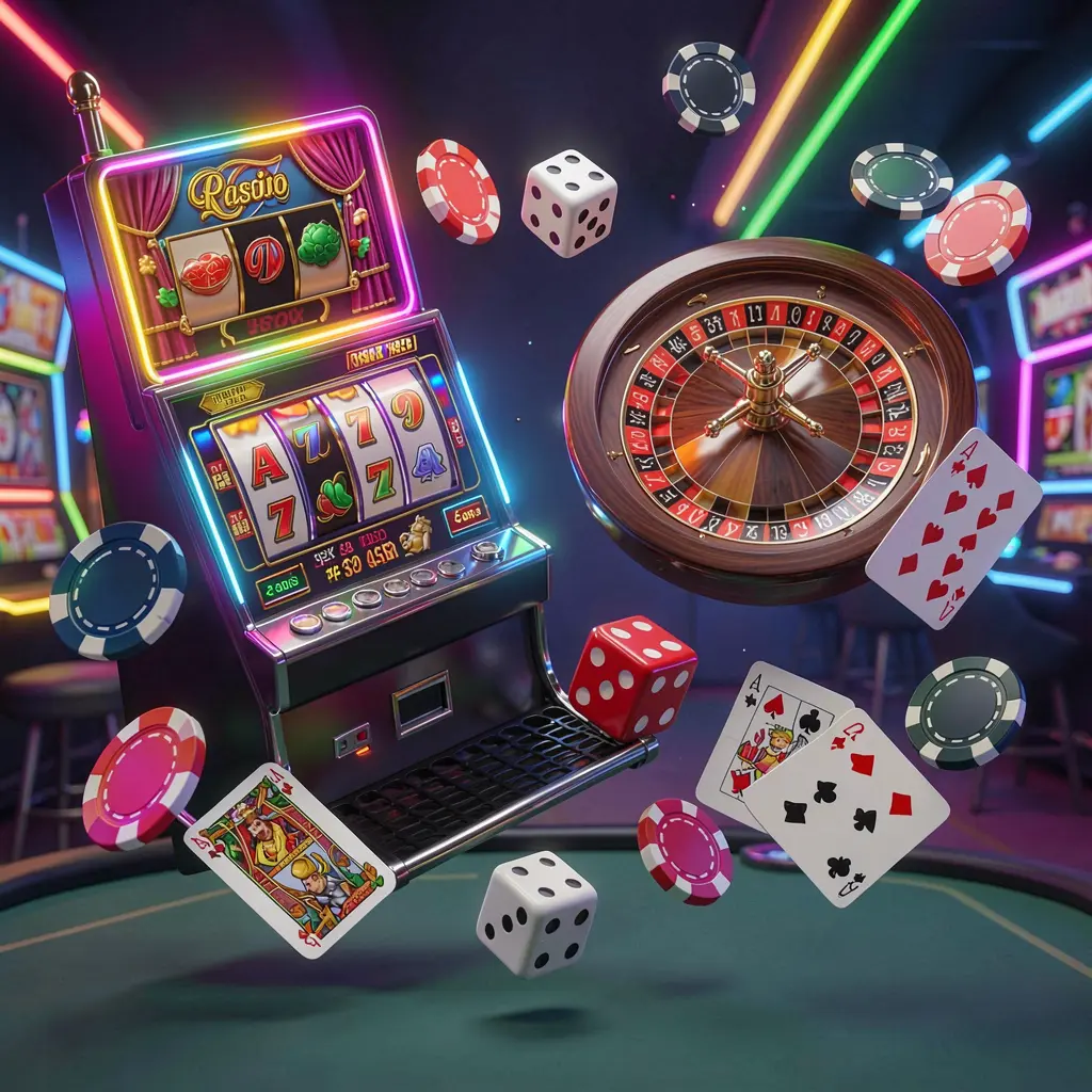 Pi787 casino games collection homepage visual featuring a slot machine, roulette wheel, dice, playing cards, and poker chips floating together with colorful neon lights in a premium 3D render